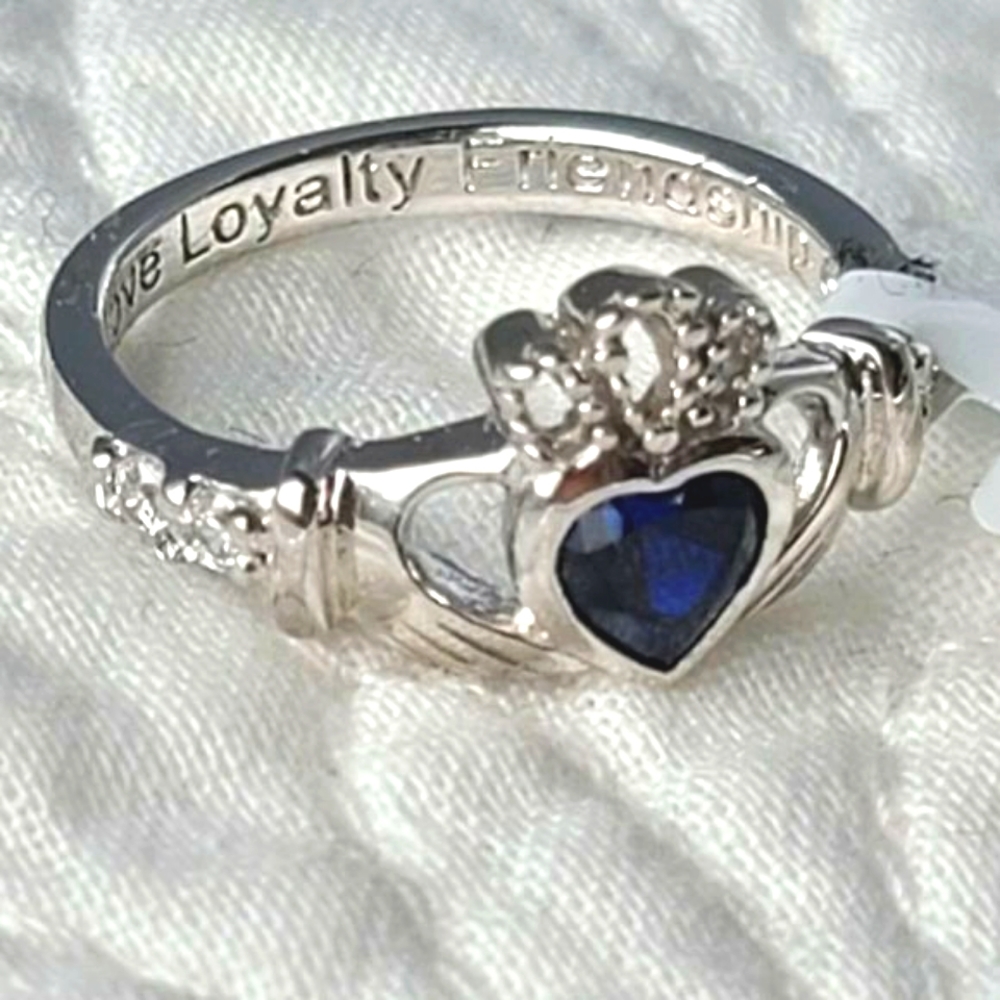 Shan Ore 925 Silver Ring September Blue Birthstone Claddagh Irish Heart